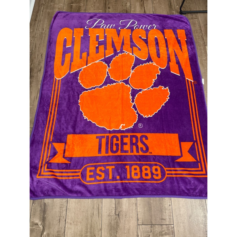 Clemson Tigers Paw Power Plush Fleece Throw Blanket Purple Orange NCAA Est 1889
